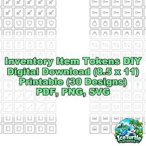 May include: A digital download sheet featuring 30 black and white line art inventory item tokens, including swords, keys, shields, and books. The text reads: Inventory Item Tokens DIY Digital Download (8.5 x 11) Printable (30 Designs) PDF, PNG, SVG.