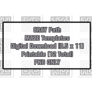 Könnte beinhalten: Zwölf druckbare Labyrinthvorlagen in Grau, jede mit einer Größe von 8,5 Zoll mal 11 Zoll. Die Labyrinthe sind für den digitalen Download konzipiert und nur im PNG-Format verfügbar.