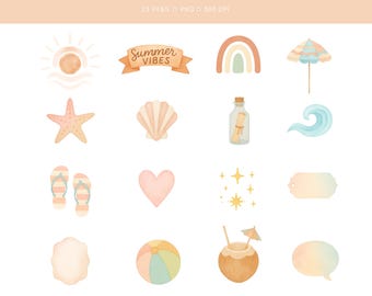 Boho Summer Clipart Bundle: Watercolor Beach Elements (PNG Files, Commercial Use)