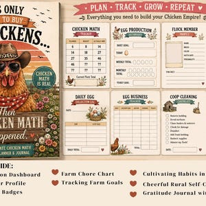 Puede incluir: Una agenda de espiral titulada I Was Only Going To Buy 6 Chickens Then Chicken Math Happened, con una gallina con sombrero de vaquero y gafas de sol. Las páginas interiores incluyen rastreadores de producción de huevos y limpieza del gallinero.