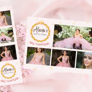 Sobreposição de modelo de cabine fotográfica Quinceañera, arquivo PNG, cartão postal 2x6 ”e 4x6”, rosa e dourado com design de coroa e brilho.