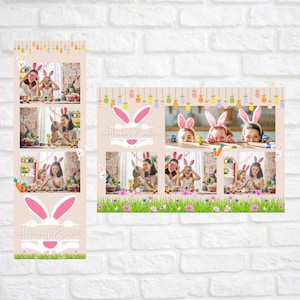 Plantilla superpuesta para fotomatón de Pascua Feliz, postal de 4x6 y tira de 2x6 incluida, lindo diseño con conejitos, huevos y flores. Descarga instantánea.
