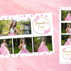 Superposition de modèle de photomaton floral Quinceañera, 2 x 6 po et 4 x 6 po. Fleurs roses et motifs géométriques dorés. Fichier PNG
