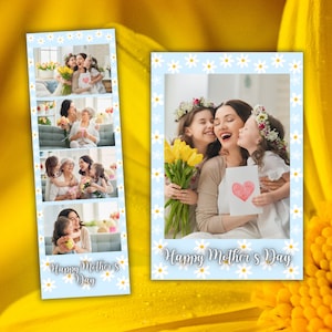 Modelo de cabine fotográfica de feliz dia das mães, azul claro com design floral margarida, faixa 2x6 e cartão postal 4x6 incluídos, arquivo PNG, download instantâneo
