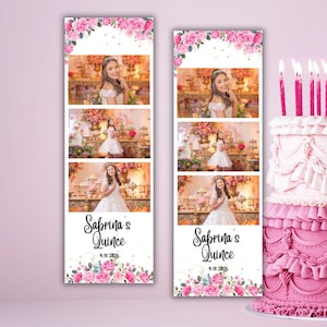Pink Sweet 16 Photo Booth Template, Quinceañera Template, Sweet 16 template, 2x6 template, Pink flowers and gold design with butterflies