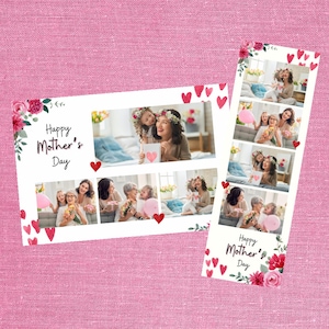 Plantilla Happy Mothers Day Photo Booth Superposición, 4x6 y 2x6 Flores rojas y verdes con corazones rojos, descarga instantánea PNG