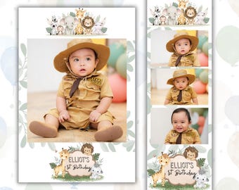 Modelo para cabine de fotos com animais da savana: Design para aniversário de bebê (2x6, 4x6) (Download digital)