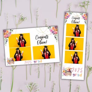 Superposition de modèle de photomaton pour les diplômés de la promotion 2025, carte postale 2 x 6 et 4 x 6, fleurs pastel avec design doré, nom personnalisable, fichier PNG