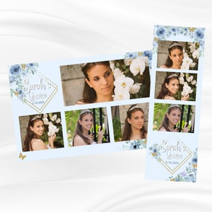 Quinceañera Photo Booth Template Overlay raya de 2x6" y postal de 4x6", flores azules y diseño de mariposa dorada, descarga instantánea