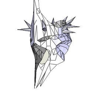 May include: A white and gray geometric sculpture with a sharp, pointed top and a jagged, spiky base.