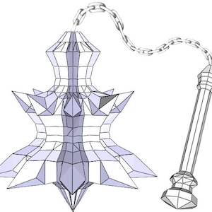Puede incluir: Un arma de metal plateada con púas, una cadena y un mango. El arma está hecha de metal y tiene un diseño geométrico.