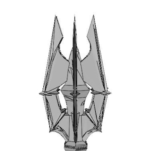 May include: A gray trident with a geometric design. The trident has three main prongs, each with a pointed tip. The design is symmetrical, with sharp angles and a detailed, layered appearance. The handle is a simple, rectangular shape.