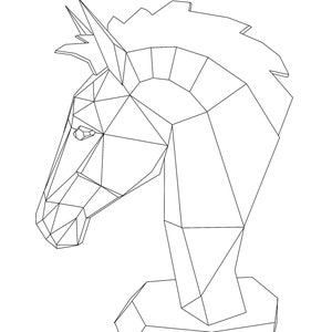 Plantilla PDF de cabeza de caballo. Para imprimir, pegar o soldar. Manualidades de papel para cartón o metal. Desde la pared o el suelo. Descarga digital.