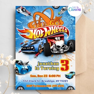 Hot Car Wheel uitnodiging, racewagens verjaardagsuitnodiging, digitale Hot Wheels verjaardagsuitnodiging, Hot Wheels uitnodiging sjabloon