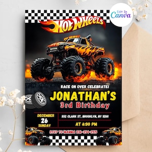 Invito a forma di ruota di camion Hot Car, invito di compleanno per camion da corsa, invito di compleanno digitale per camion Hot Wheels, modello di invito Hot Wheels