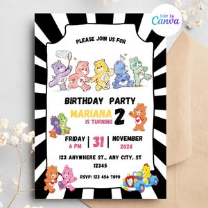 Editable Care Bears Birthday Invitation, Bear Birthday Party Invite, digital Party Invitation template, Care Bears Invitation template