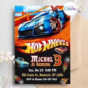Hot auto wiel uitnodiging, race auto's verjaardagsuitnodiging, digitale Hot Wheels verjaardag uitnodigen, Hot Wheels uitnodiging