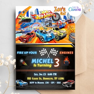 Hot Wheels-uitnodigingsjabloon, uitnodiging Hot Wheels, raceauto's verjaardagsuitnodiging, digitale Hot Wheels verjaardagsuitnodiging