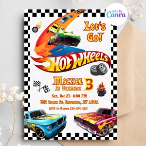 Hot Car Wheel uitnodiging, racewagens verjaardagsuitnodiging, digitale Hot Wheels verjaardagsuitnodiging, Hot Wheels uitnodigingssjabloon