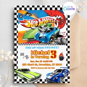 Invitación a la rueda del coche caliente, invitación de cumpleaños de los coches de carreras, invitación de cumpleaños digital de Hot Wheels, plantilla de invitación de Hot Wheels