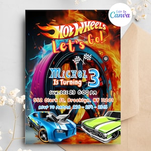 Hot Car Wheel-Einladung, Rennauto-Geburtstags-Einladung, Neon Digital Hot Wheels-Geburtstags-Einladung, Hot Wheels-Einladungsvorlage