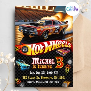 Invitación a la rueda del coche caliente, invitación de cumpleaños de los coches de carreras, invitación de cumpleaños digital de Hot Wheels, invitación de Hot Wheels