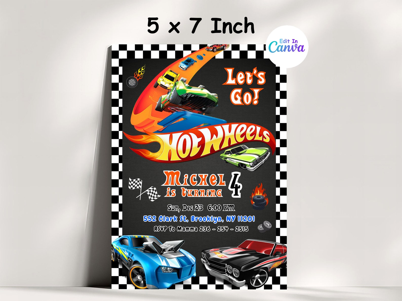 Race Cars Birthday Invitation, Hot Car Wheel Invitation, Digital Hot ...