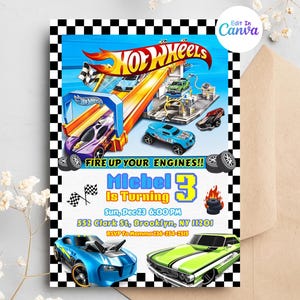 Invitación a la rueda del coche caliente, invitación de cumpleaños de los coches de carreras, invitación de cumpleaños digital de Hot Wheels, plantilla de invitación de Hot Wheels