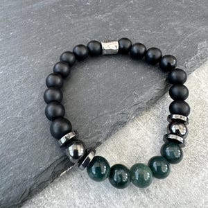 Moss Agate & Matte Black Obsidian Beaded Gemstone Bracelet - Growth and New Beginnings
