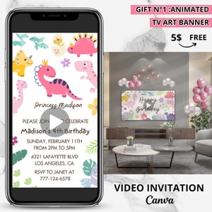 Girl Dinosaur Party | Dino Party | Dino Four Dinosaur Fourth Birthday Invitation| T-Rex Dinosaur Birthday Invitation | Digital Download