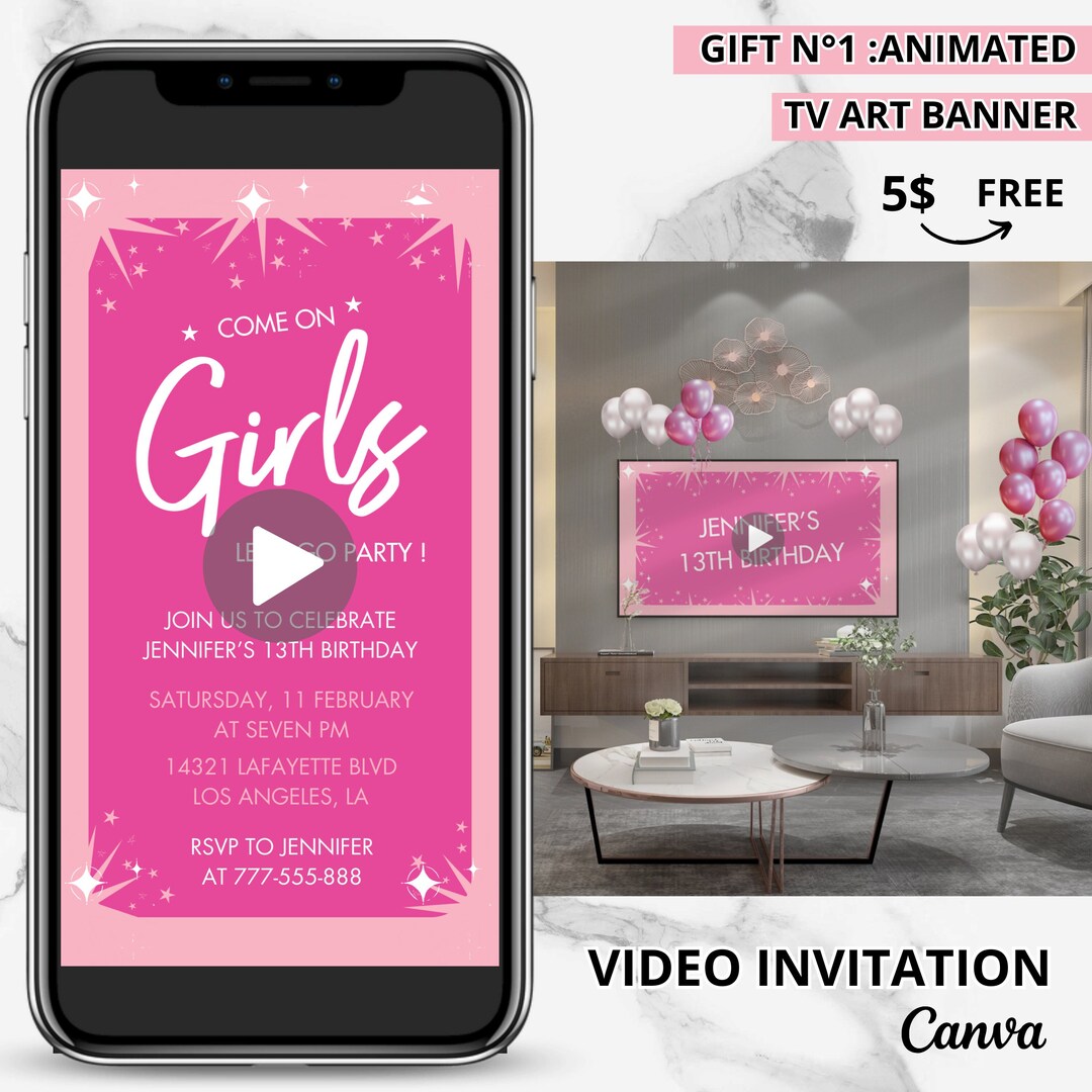 Pink 13th Birthday Video Invitation: Editable Teen Party Template - Etsy