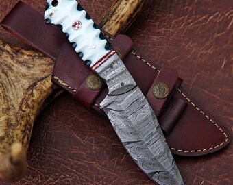 Custom Handmade Damascus Steel Hunting Skinning Knife with leather sheath