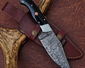 Custom Handmade Damascus Steel Hunting Skinning Knife with leather sheath