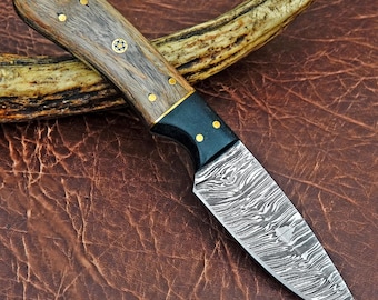 Custom Handmade Damascus Steel Hunting Skinning Knife with leather sheath