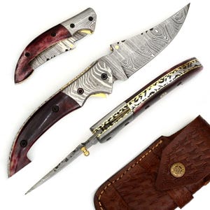 Handmade Damascus Steel Folding Knife: Camel Bone Handle, Leather Pouch