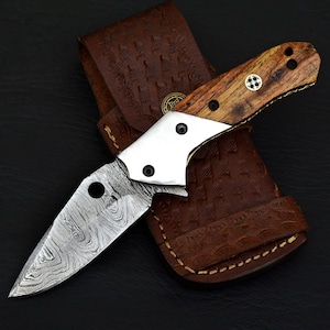 Handmade Damascus Steel Folding Knife: Rosewood Handle, Leather Sheath