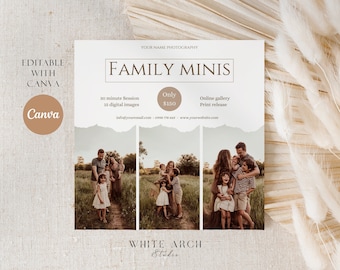 May include: A white flyer with brown text that says "Family Minis" and includes information about a photography session. The flyer also includes three photos of a family in a field.