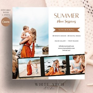 Op de afbeelding: Een flyer die zomerse mini-fotoshoots adverteert. De flyer heeft een bruine achtergrond met gouden tekst. De tekst luidt "Summer Mini Sessions" en "Now Booking". De flyer bevat ook een beschrijving van de fotoshoot, inclusief de duur van de fotoshoot, het aantal digitale foto's dat is inbegrepen en de contactgegevens van de fotograaf. De flyer bevat ook vier foto's van gezinnen die genieten van hun zomerse mini-fotoshoots.