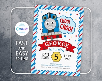 Peut inclure: Une invitation d'anniversaire bleue et rouge avec un dessin de train de dessin animé et le texte "CHOO! CHOO!". L'invitation indique "GEORGE fête ses 5 ans" avec la date et l'heure. Le logo Canva et le texte "FAST AND EASY EDITING" sont également présents.