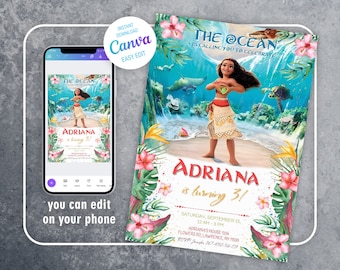 Moana invitation, Printable birthday invitation, Editable invitation, instant download, boy girl birthday invite, hawaii luau party