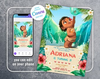 Moana invitation, Printable birthday invitation, Editable invitation, instant download, boy girl birthday invite, hawaii luau party