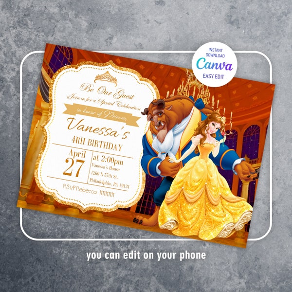 Belle Editable Invitation | Printable Girl Birthday Invite, Electronic invitation | Instant Download | Invite template, princess invitation