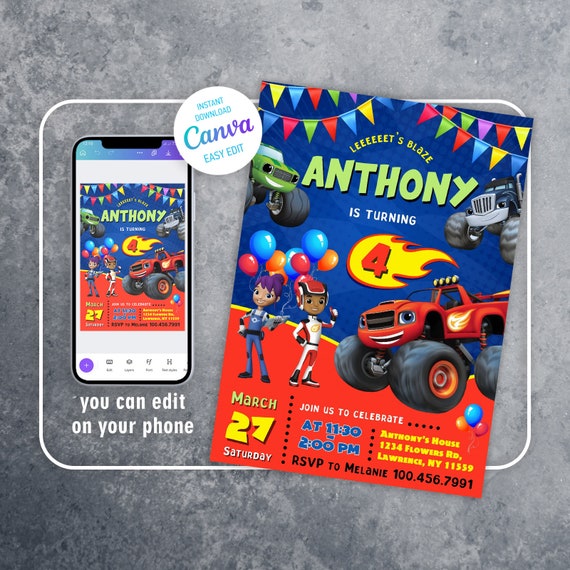 Monster machines invitation, monster truck Invite template, Printable  Editable race car Invitation, Boy Birthday Invite