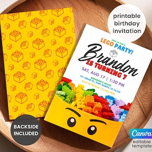 May include: A printable birthday invitation with a Lego theme. The front features the text "Brandon is turning 7" and a colourful Lego brick design. The back has a yellow background with red Lego brick patterns.