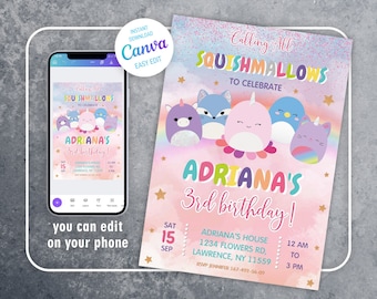Printable Squish birthday invitation, girl birthday invite, squish invite, squishmallow Editable invitation, squishy party