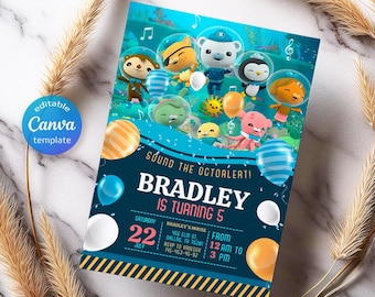 May include: A blue and yellow birthday invitation with a cartoon image of characters from the children's show "Octonauts". The invitation says "Sound the Octoalert! Bradley is turning 5" and includes details about the party, including the date, time, and location.