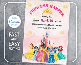 Princess Birthday invitation, Girl editable invite template, castle printable invitation, once upon a time royal party, instant download