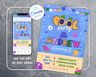 Pool party invitation, Pool party birthday, printable editable boy girl invite template, neon invitation, pool neon party, boy summer b-day