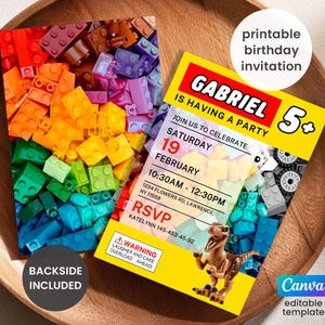 May include: A printable birthday invitation with a yellow and white design. The invitation includes the name "GABRIEL" and party details. The backside of the invitation features a colorful arrangement of toy building blocks.