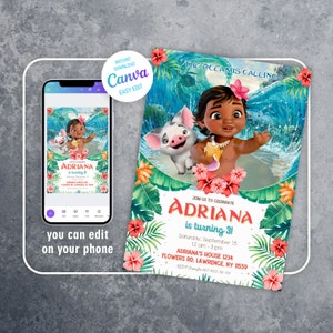 Moana invitation, Printable birthday invitation, Editable invitation, instant download, boy girl birthday invite, hawaii luau party